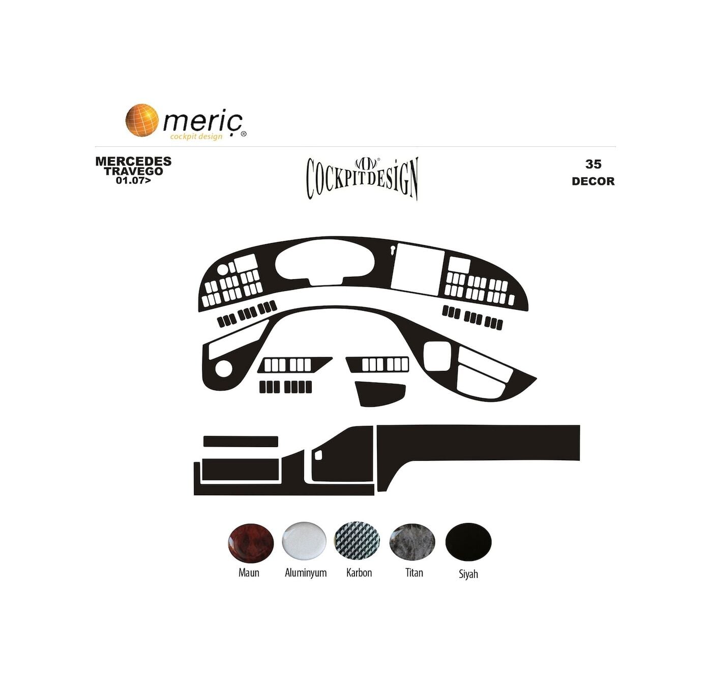 Meriç® Mercedes Travego Ön Torpido Kaplama 43 Parça 2005-2011 (530158483)-Maun Piano Black