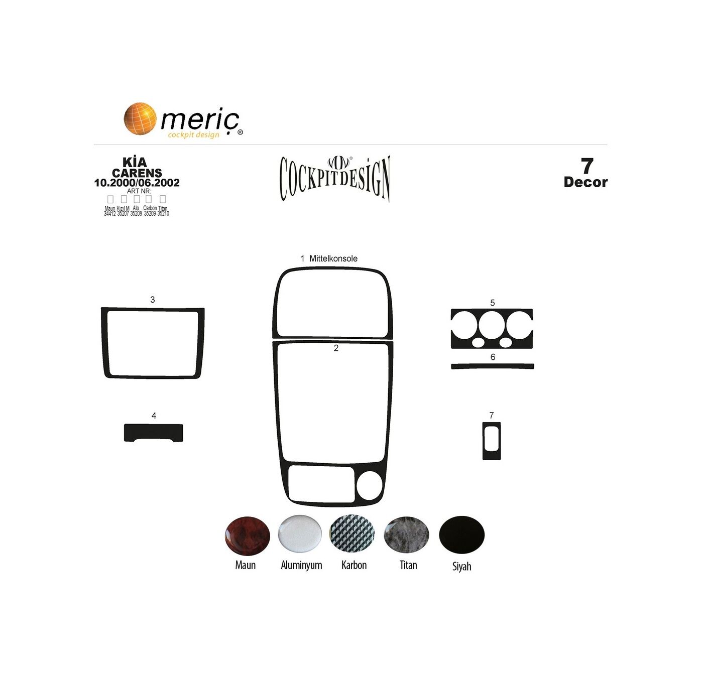 Meriç® Kia Carens Ön Torpido Kaplama 7 Parça 2000-2002 (530156575)-Maun Piano Black