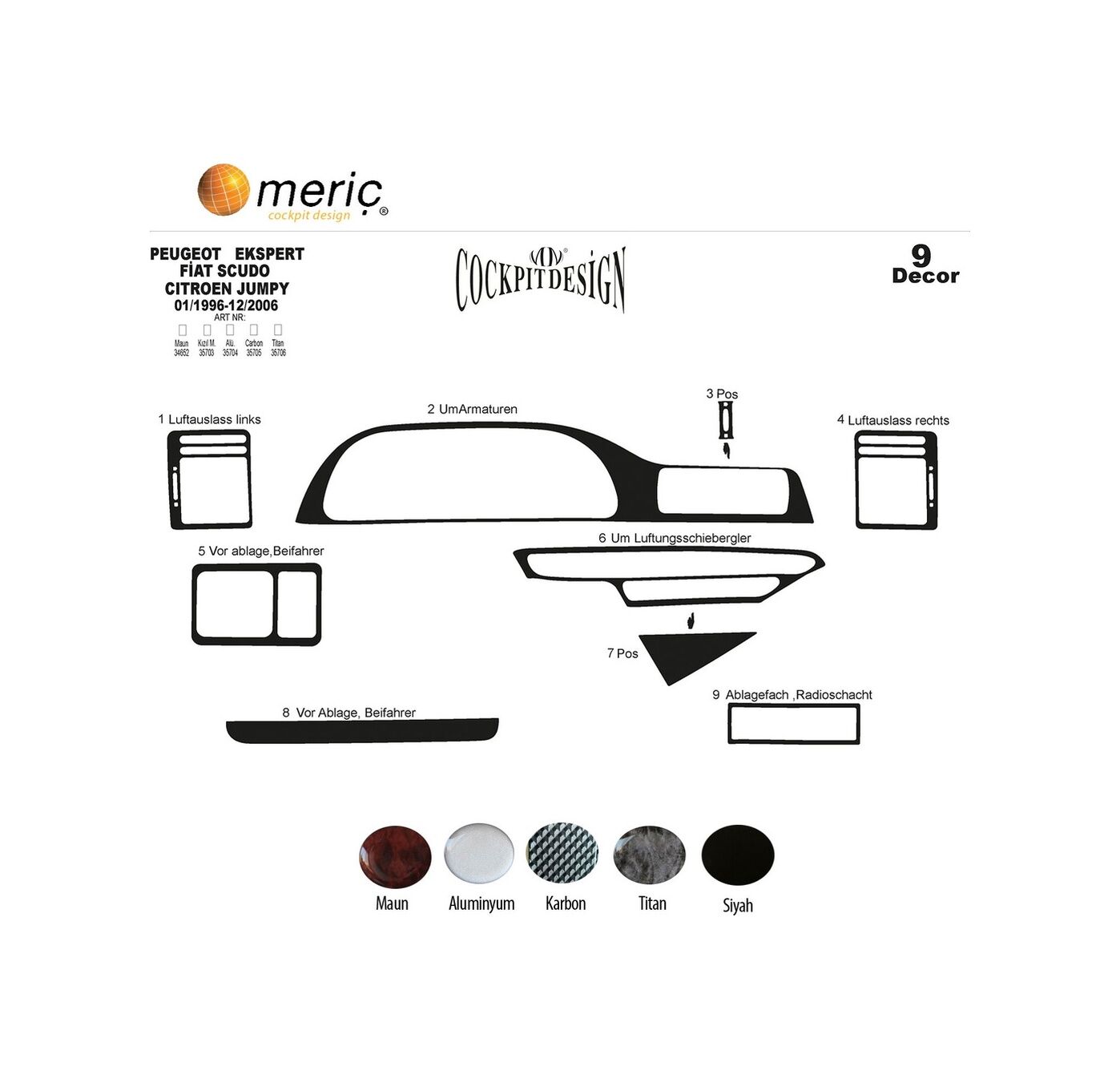 Meriç® Peugeot Expert/Scudo/Jumpy Ön Torpido Kaplama 9 Prç 96-06 (530157101)-Maun Piano Black