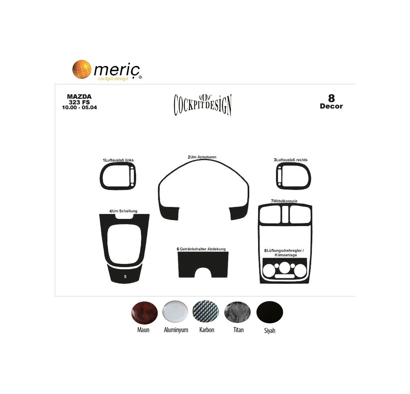 Meriç® Mazda 323 Fs Ön Torpido Kaplama 8 Parça 2000-2004 (530156722)-Piano Black Piano Black
