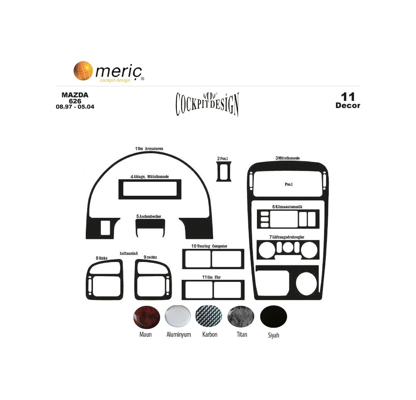 Meriç® Mazda 626 Ön Torpido Kaplama 11 Parça 1997-2004 (530156726)-Maun Piano Black