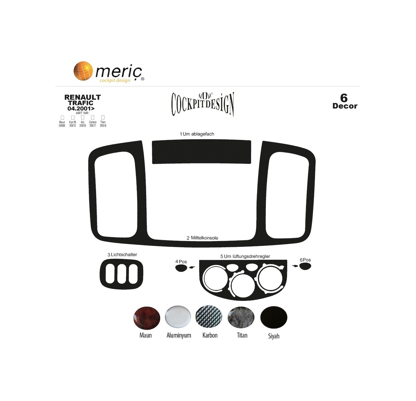 Meriç® Renault Trafic Ön Torpido Kaplama 6 Parça 2001-2006 (530157291)-Alüminyum