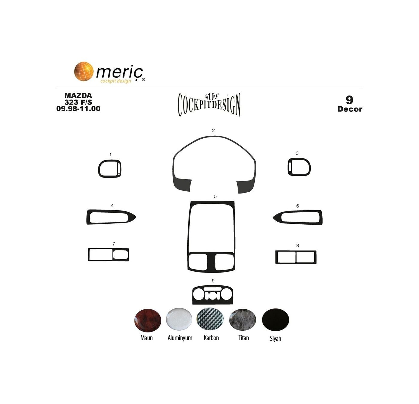 Meriç® Mazda 323 Fs Ön Torpido Kaplama 9 Parça 1998-2000 (530156681)-Maun Piano Black