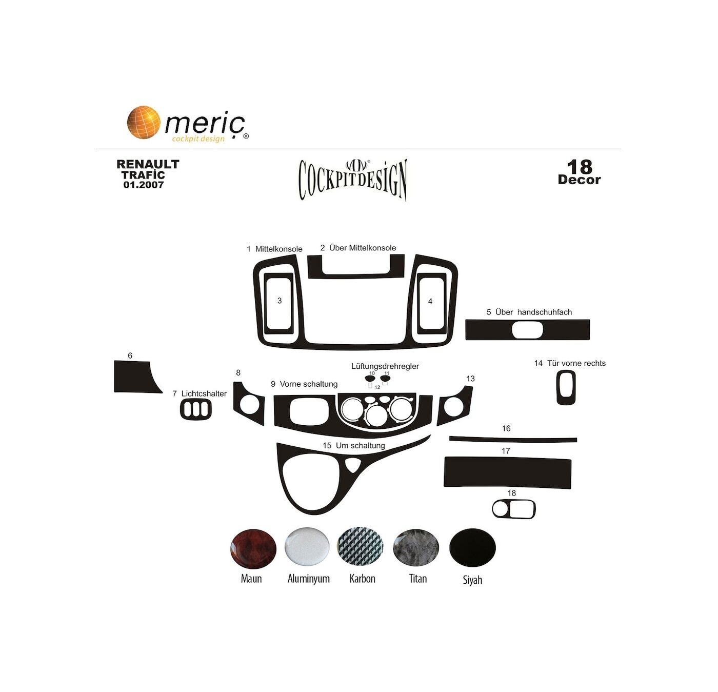 Meriç® Opel Vivaro Torpido Kaplama 18 Parça 2007-2011 (530157287)-Maun Alüminyum