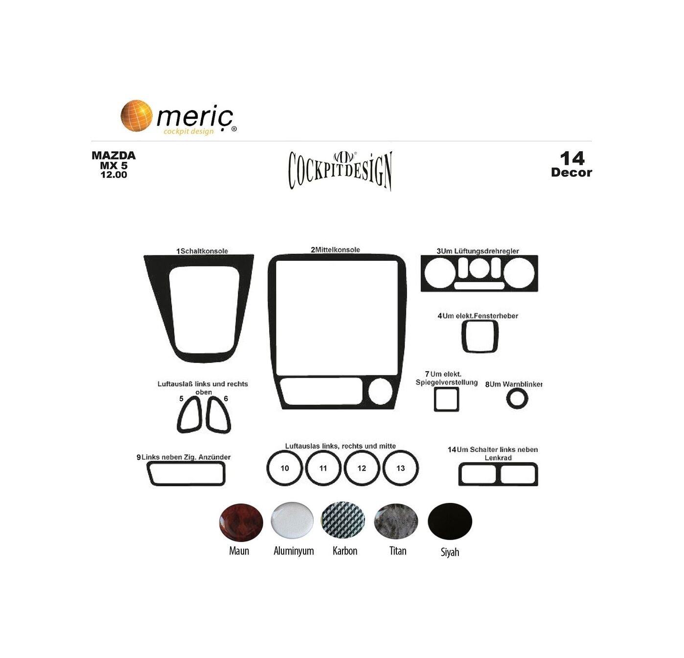 Meriç® Mazda Mx 5 Ön Torpido Kaplama 14 Parça 2000-2005 (530156732)-Maun Karbon