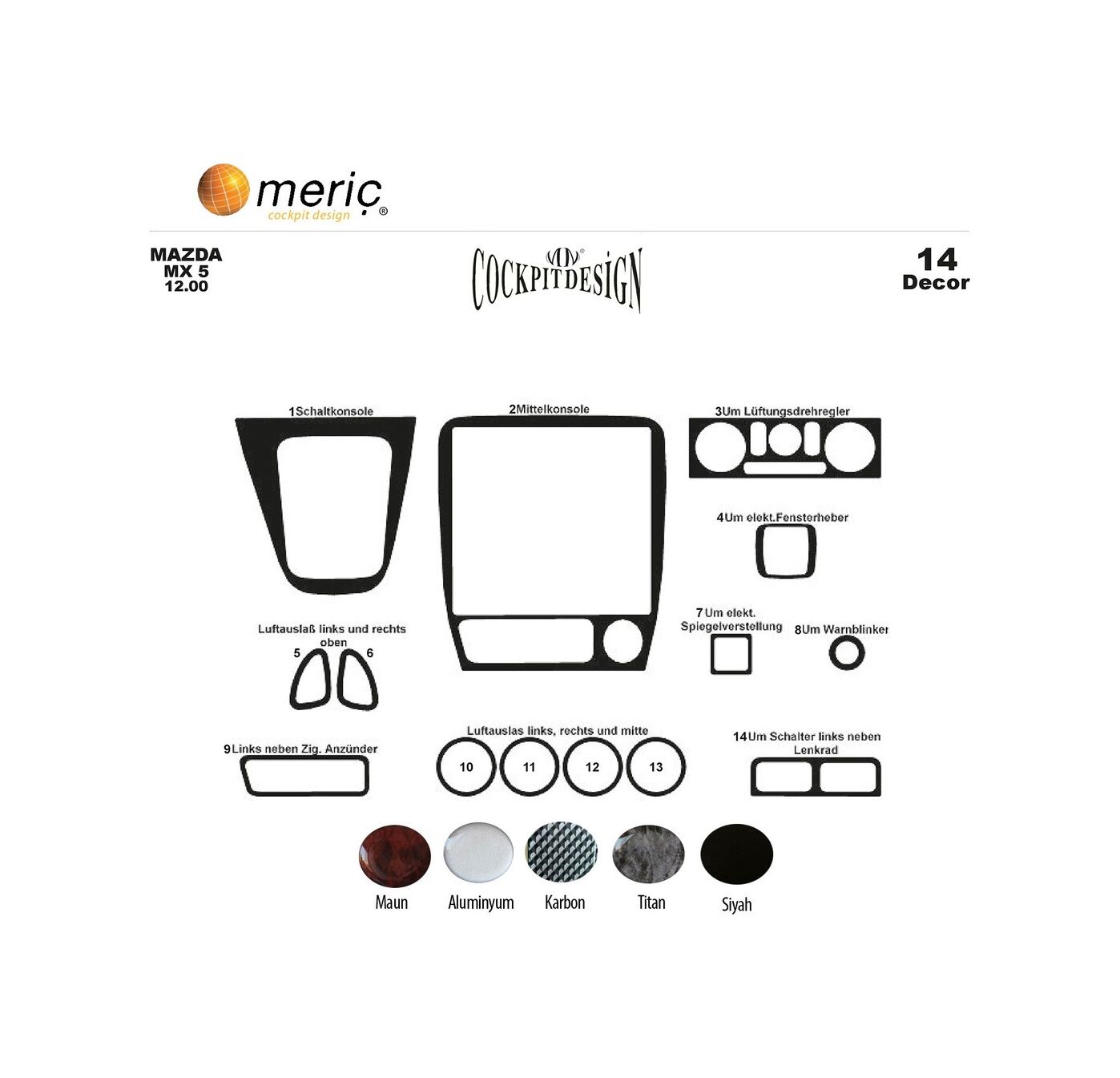 Meriç® Mazda Mx 5 Ön Torpido Kaplama 14 Parça 2000-2005 (530156732)-Maun Alüminyum