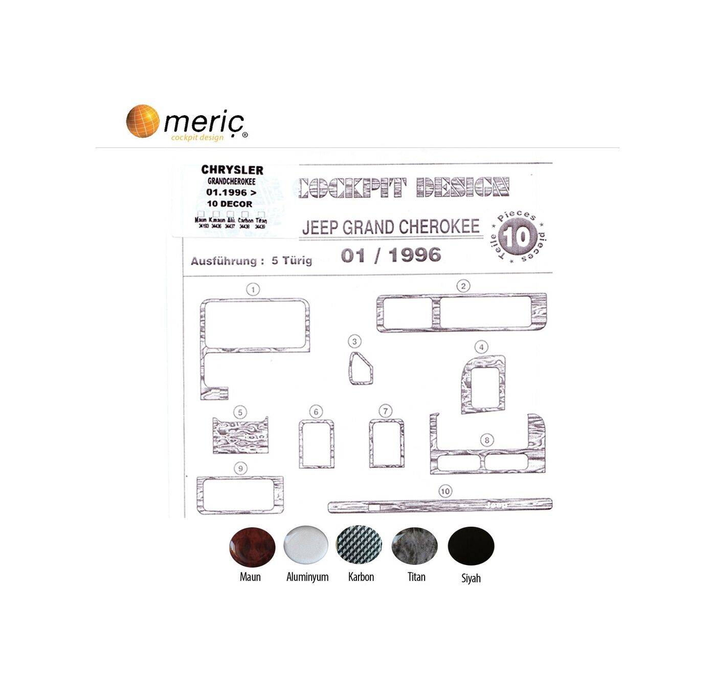 Meriç® Chrysler Grand Cherokee Ön Torpido Kaplama 10 P. 1996-1999 (530156083)-Maun Piano Black