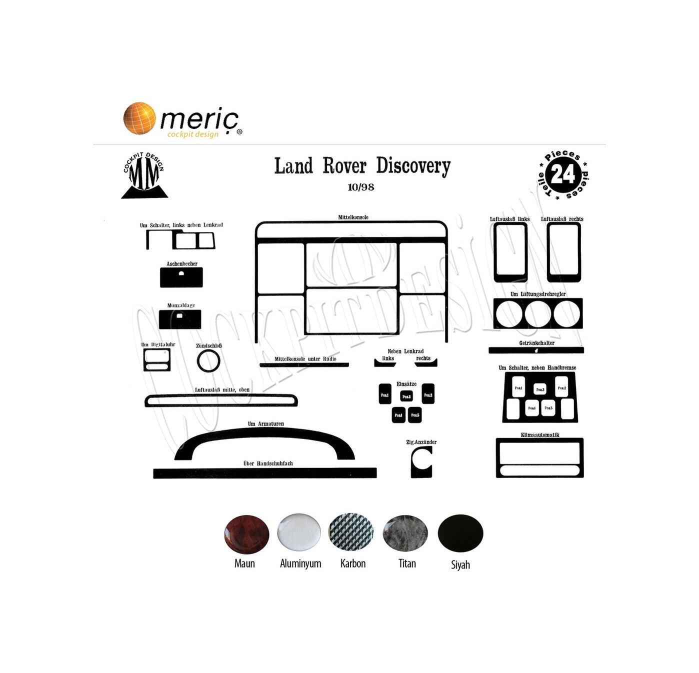 Meriç® Land Rover Discovery Ön Torpido Kaplama 24 Parça 1998-2004 (530156673)-Maun Piano Black