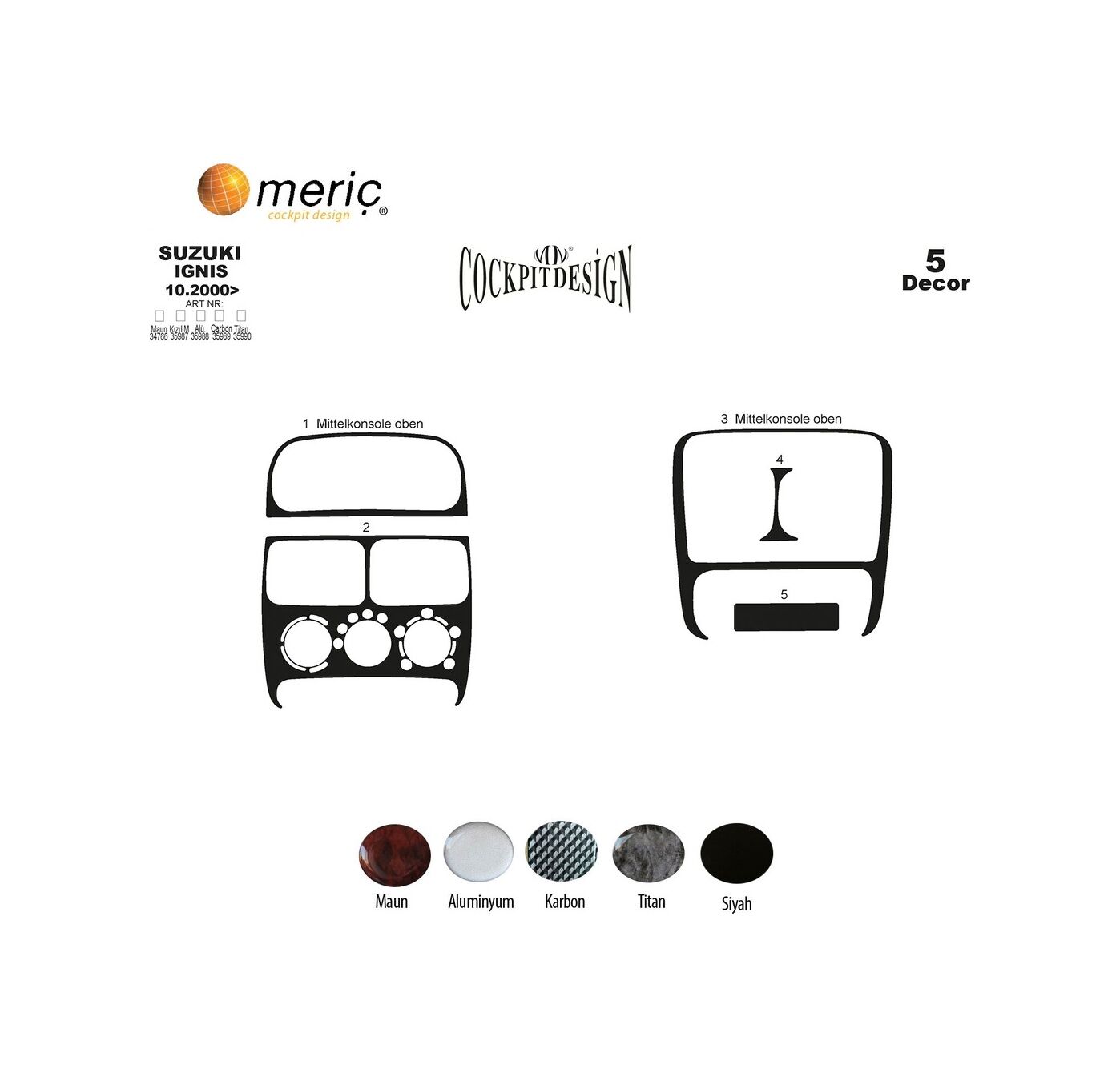 Meriç® Suzuki Ignis Ön Torpido Kaplama 5 Parça 2000-2003 (530157402)-Maun Piano Black