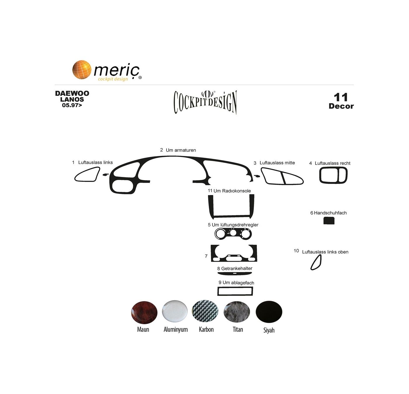 Meriç® Daewoo Lanos Ön Torpido Kaplama 11 Parça 1997-› (530156198)-Maun Piano Black