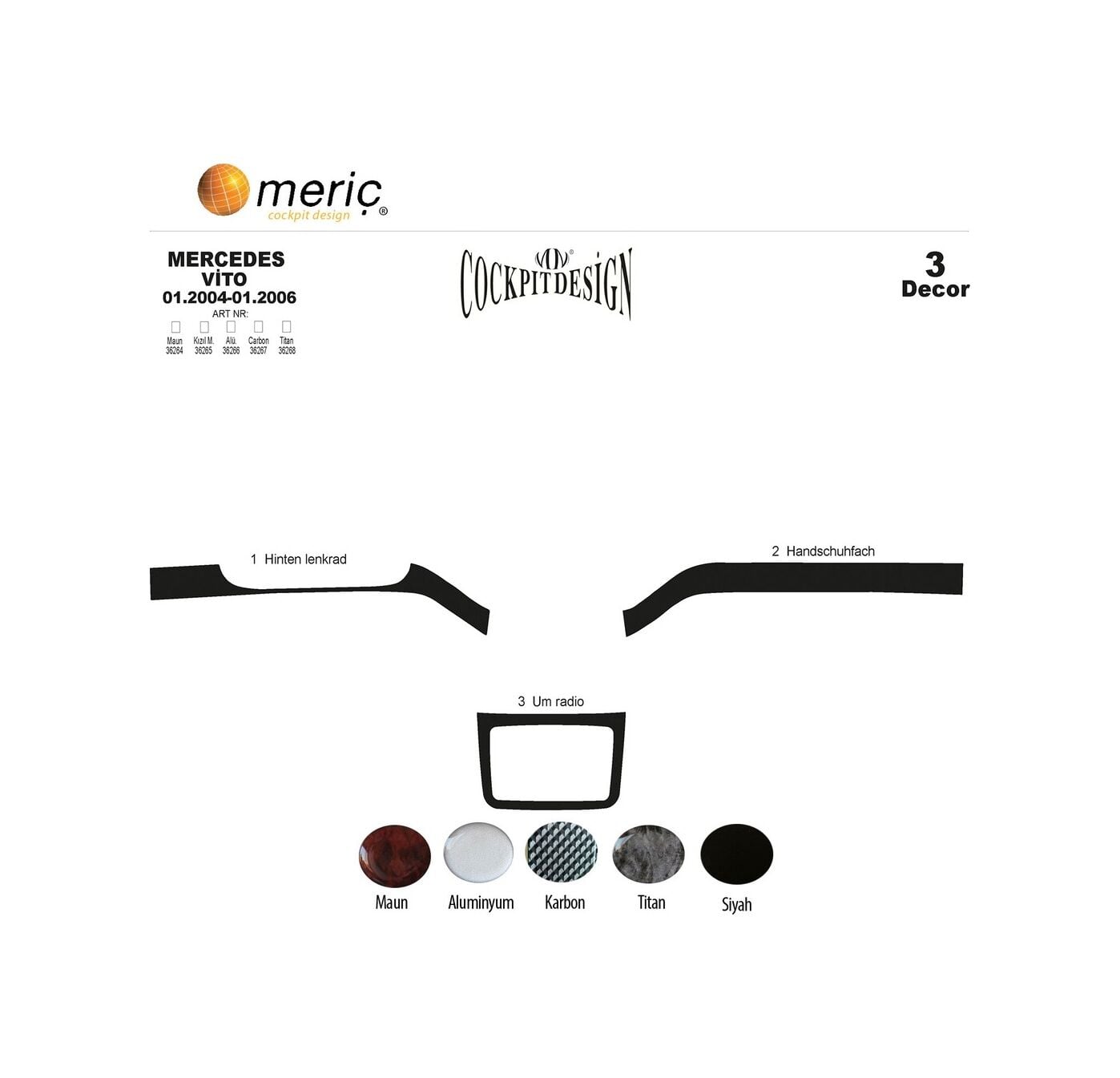 Meriç® Mercedes Vito Ön Torpido Kaplama 3 Parça 2004-2006 (530156774)-Karbon Titan