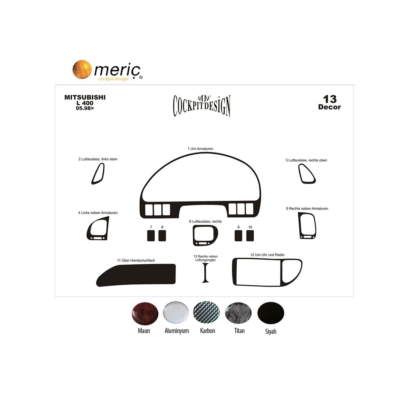 Meriç Mitsubishi L400 Ön Torpido Kaplama 13 Parça 1998-2006 (530157883)-Maun Piano Black
