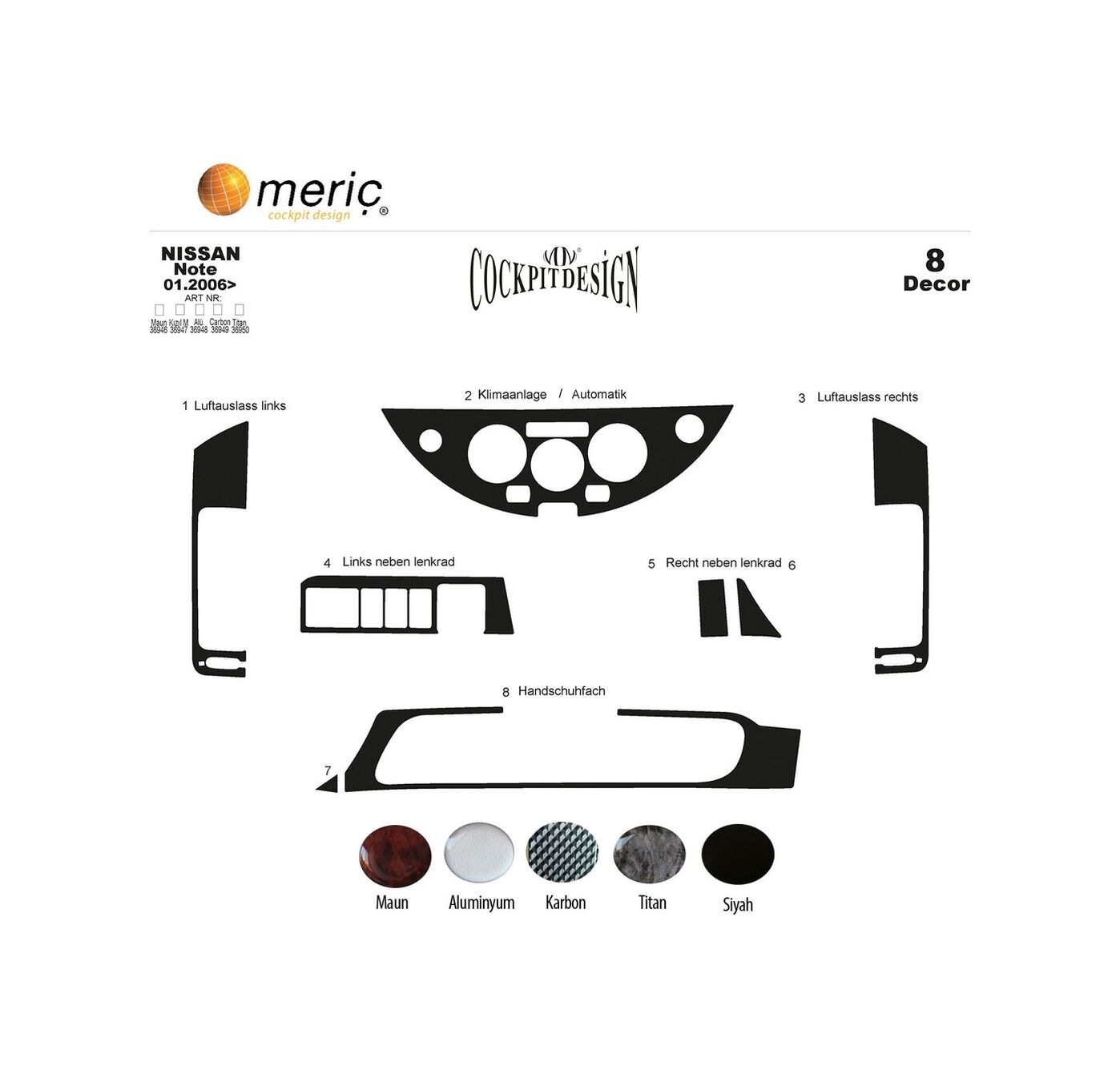 Meriç® Nissan Note Ön Torpido Kaplama 8 Parça 2006-2011 (530156881)-Maun Maun