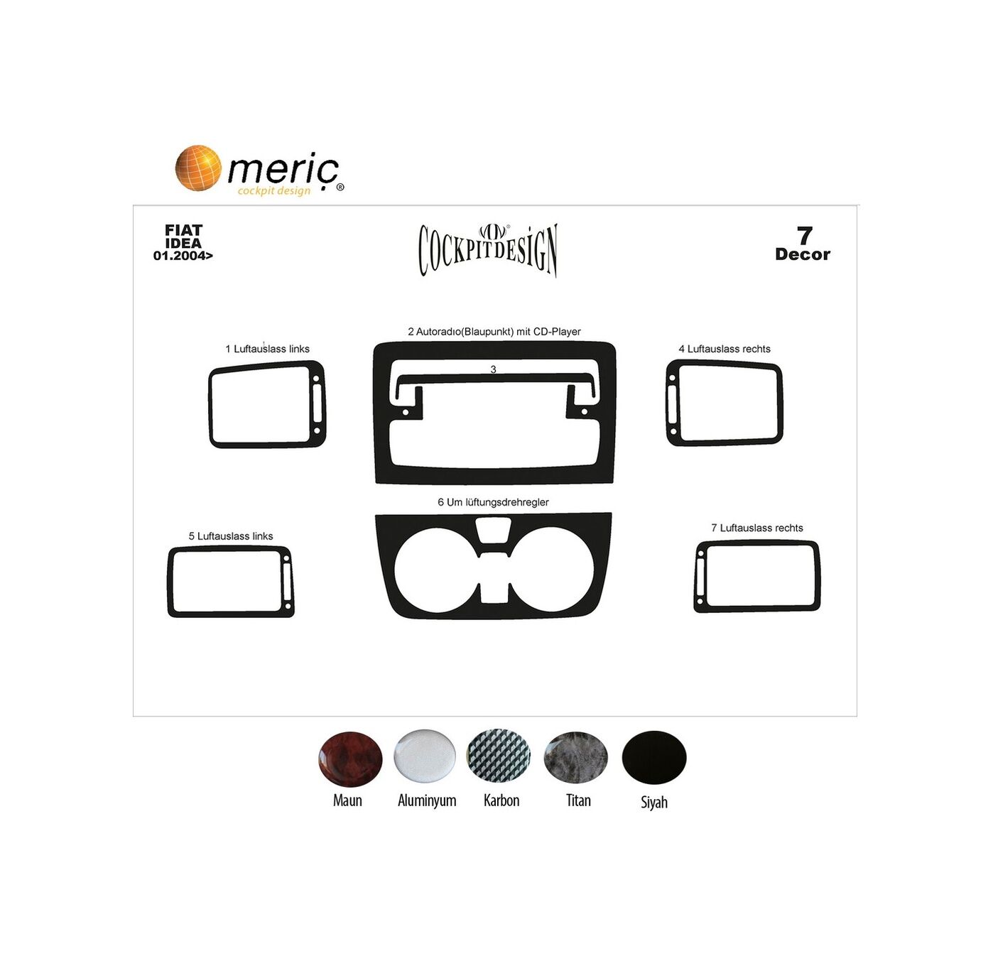 Meriç® Fiat Idea Ön Torpido Kaplama 7 Parça 2004-2009 (530156249)-Maun Piano Black