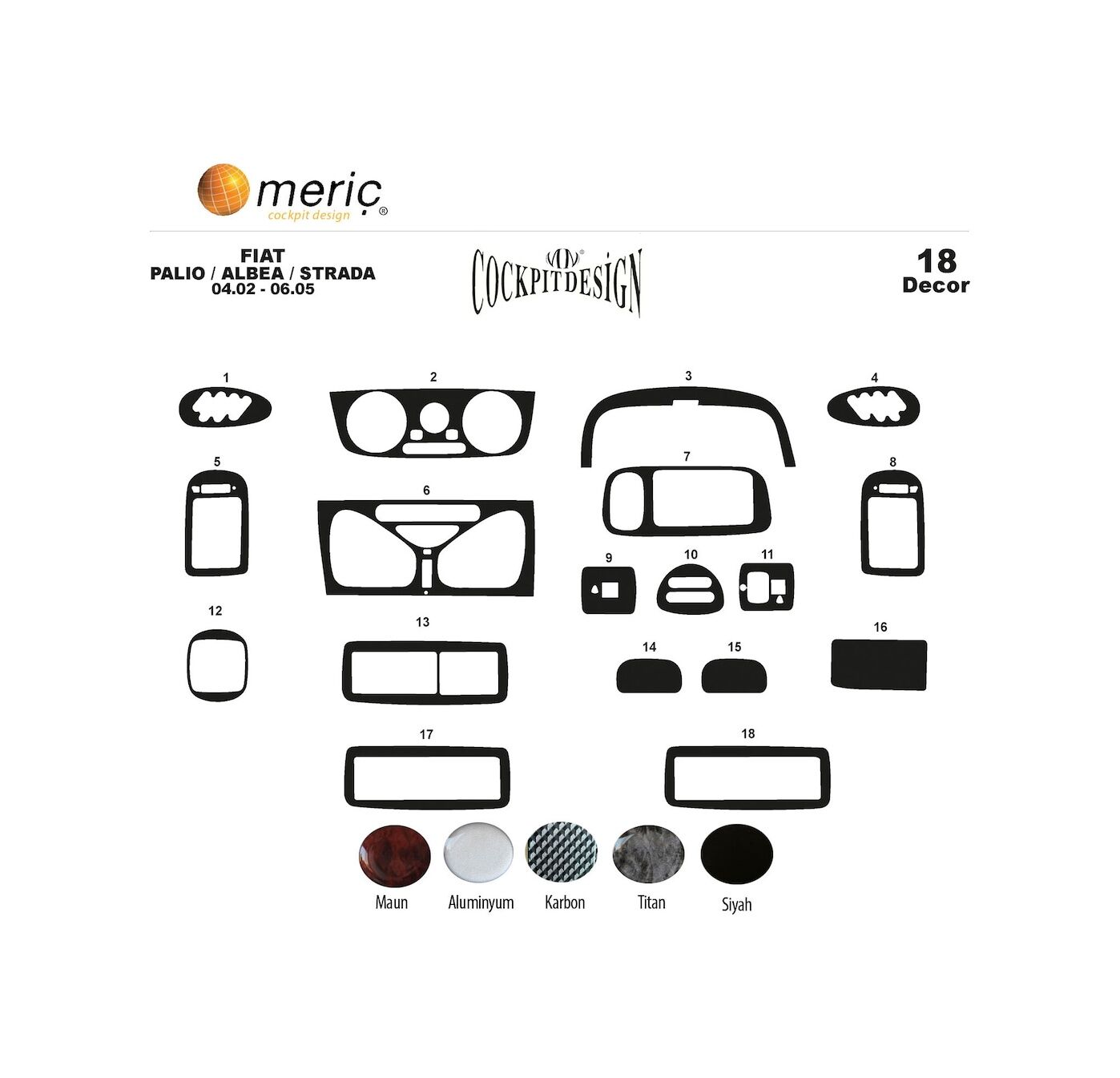 Meriç® Fiat Palio/Albea/Strada Ön Torpido Kaplama 18 P. 2002-2005 (530156255)-Maun Piano Black