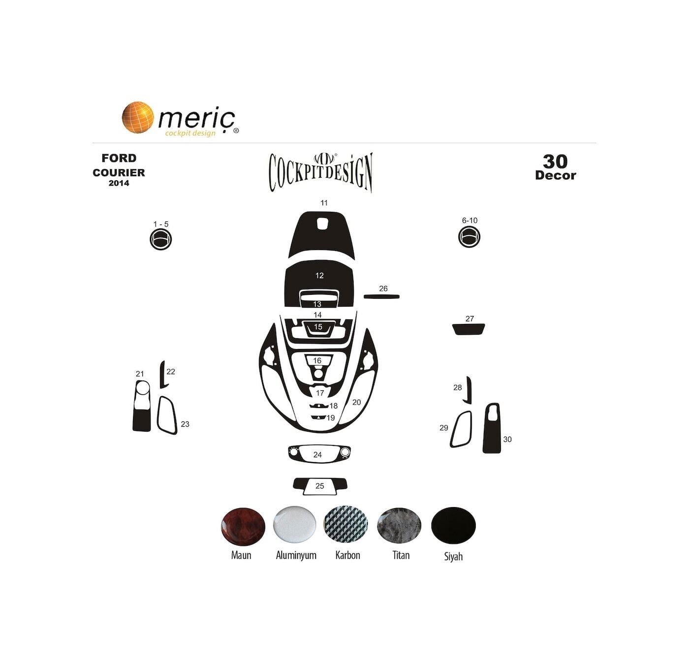 Meriç® Ford Courier Ön Torpido Kaplama 30 Parça 2014-2019 (530157816)-Maun Titan