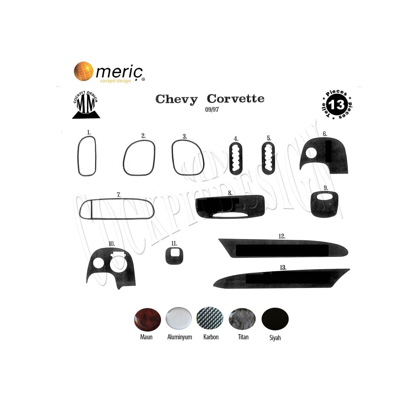Meriç® Chevrolet Corvette Ön Torpido Kaplama 13 Parça 1997-2005 (530156044)-Maun Alüminyum