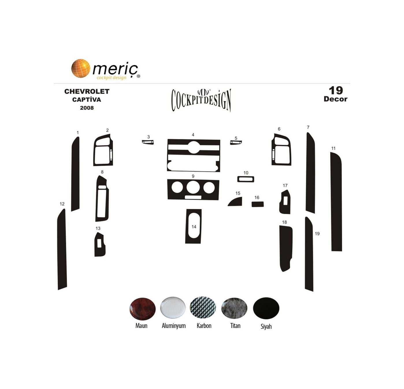 Meriç Chevrolet Captiva Ön Torpido Kaplama 19 Parça 2007-2012 (530158172)-Maun Piano Black