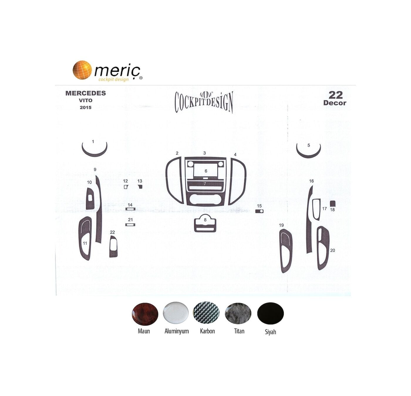 Meriç® Mercedes Vito Ön Torpido Kaplama 18 Parça 2015-› (530158322)-Maun Piano Black