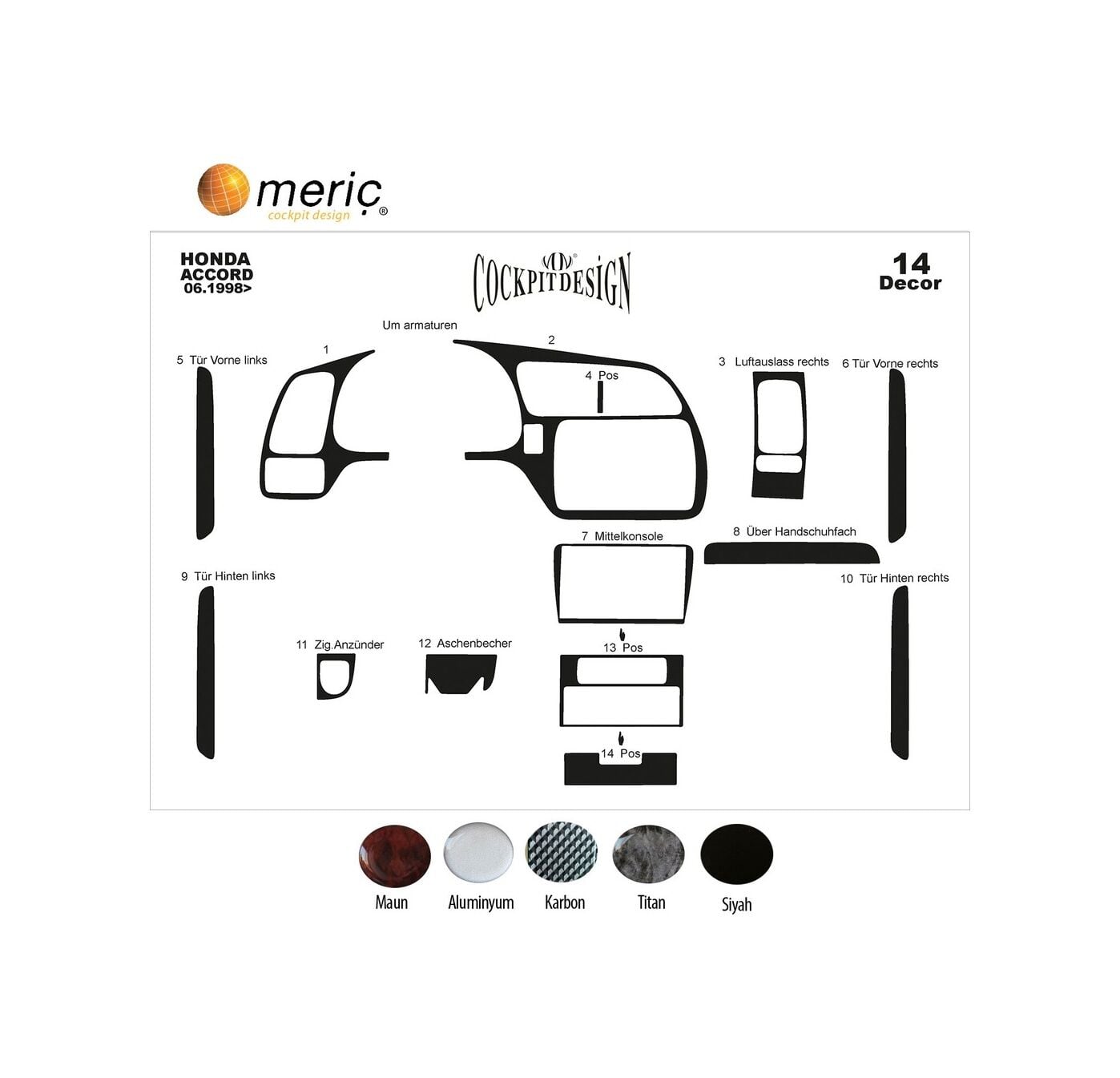 Meriç® Honda Accord Japon Ön Torpido Kaplama 14 Parça 1998-2002 (530156382)-Karbon
