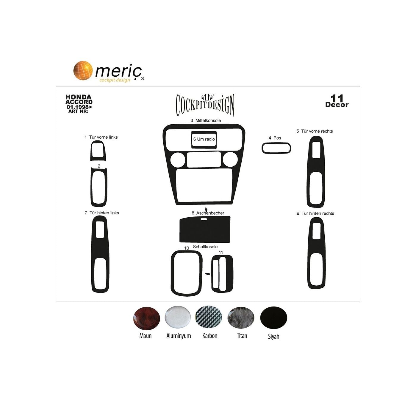 Meriç® Honda Accord Euro Ön Torpido Kaplama 11 Parça 1998-2002 (530156361)-Maun Piano Black