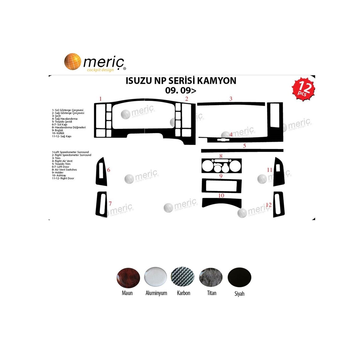 Meriç Isuzu Npr Serisi Ön Torpido Kaplama 12 Parça 2009-› (530158087)-Maun Piano Black