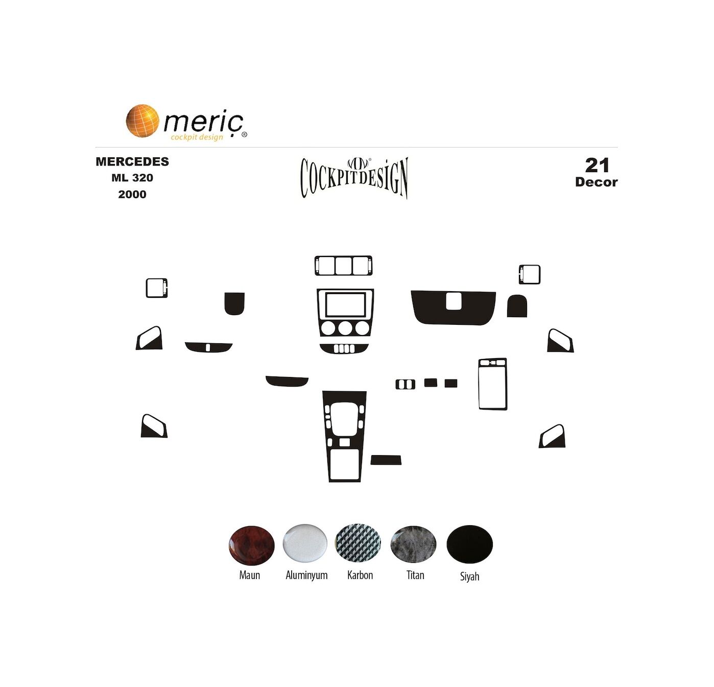Meriç® Mercedes Ml 320 Ön Torpido Kaplama 21 Parça 2002-› (537452491)-Maun Piano Black